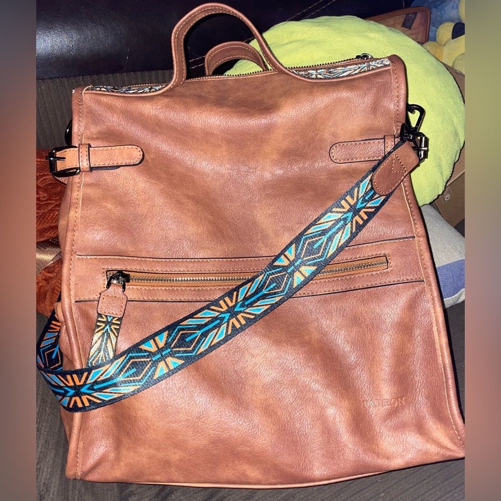 Fadeon Brown Backpack Tote With Patterned Canvas … - image 1